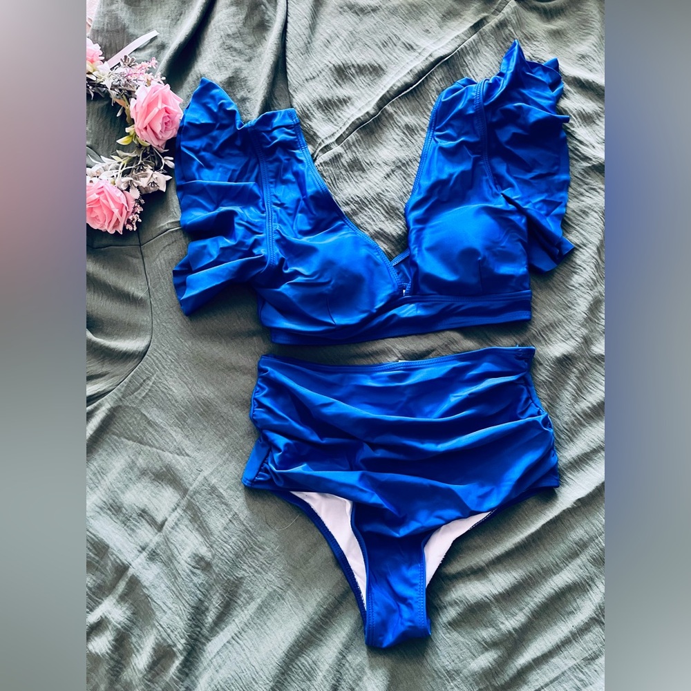 Vibrant Blue Ruffled & Ruched Maternity Bikini Set